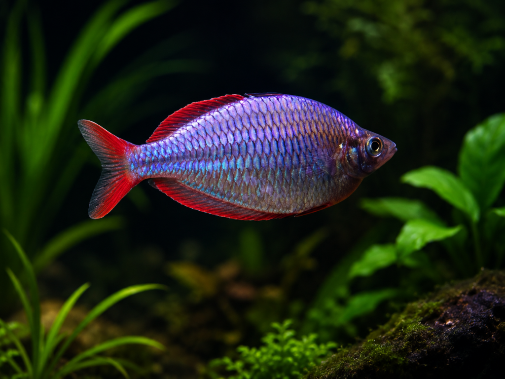 Dwarf neon rainbowfish (*Melanotaenia praecox*) with iridescent blue-purple scales and vivid red fins swimming in a dark planted freshwater aquarium.