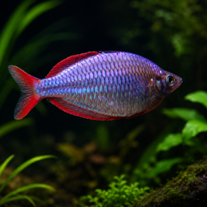 Dwarf neon rainbowfish (*Melanotaenia praecox*) with iridescent blue-purple scales and vivid red fins swimming in a dark planted freshwater aquarium.