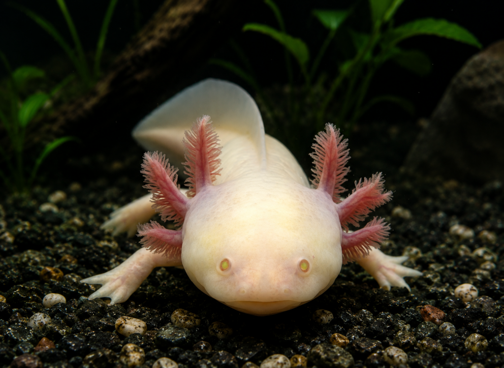 Pale albino axolotl with pink external gills in a planted aquarium.