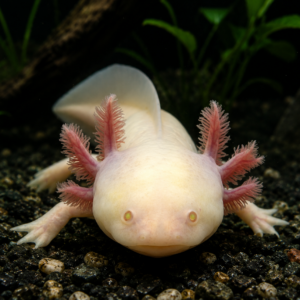 Pale albino axolotl with pink feathery external gills resting on dark aquarium gravel in a planted freshwater tank with driftwood, rocks, and softly blurred green aquatic plants.
