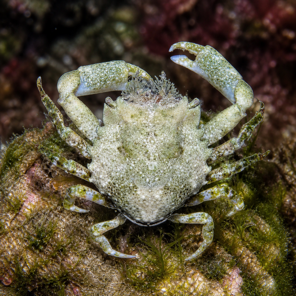Pitho crab grazing on algae-covered rock in a reef aquarium with blurred macroalgae in the background.