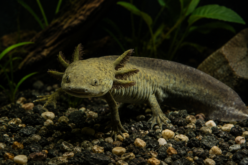Wild-type axolotl resting on dark aquarium gravel in a planted freshwater tank with driftwood, rocks, and softly blurred green aquatic plants in the background.