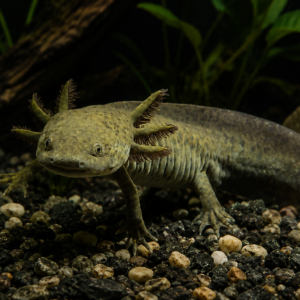 Wild-type axolotl resting on dark aquarium gravel in a planted freshwater tank with driftwood, rocks, and softly blurred green aquatic plants in the background.