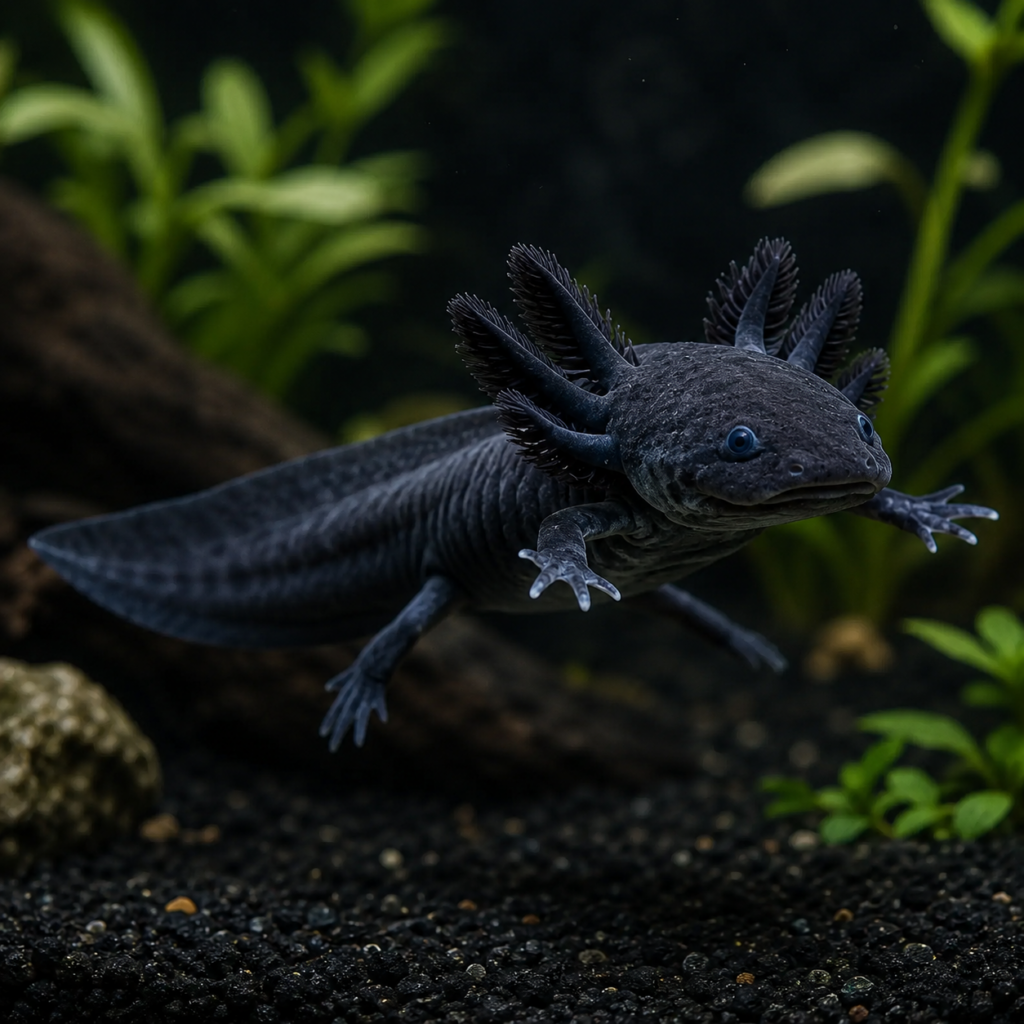 Black melanoid axolotl with dark feathery gills in an aquarium.