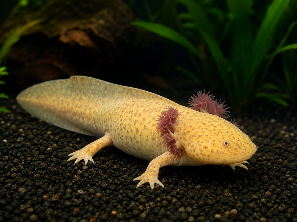Copper axolotl with warm golden-brown speckling and reddish gills.