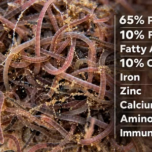 Close-up macro image of a tangled mass of pinkish-brown worms with grains of sand, overlaid on the right with white text listing nutritional benefits: 65% protein, 10% fat, fatty acids, 10% carbs, iron, zinc, calcium, amino acids, and immune support.