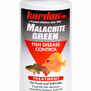 Ultra-high-definition product photo of a white Kordon Malachite Green treatment bottle on a solid white background, centered vertically with the entire bottle fully visible including the bottom edge, featuring a black, gray, red, and white label with fish illustrations and readable product text.