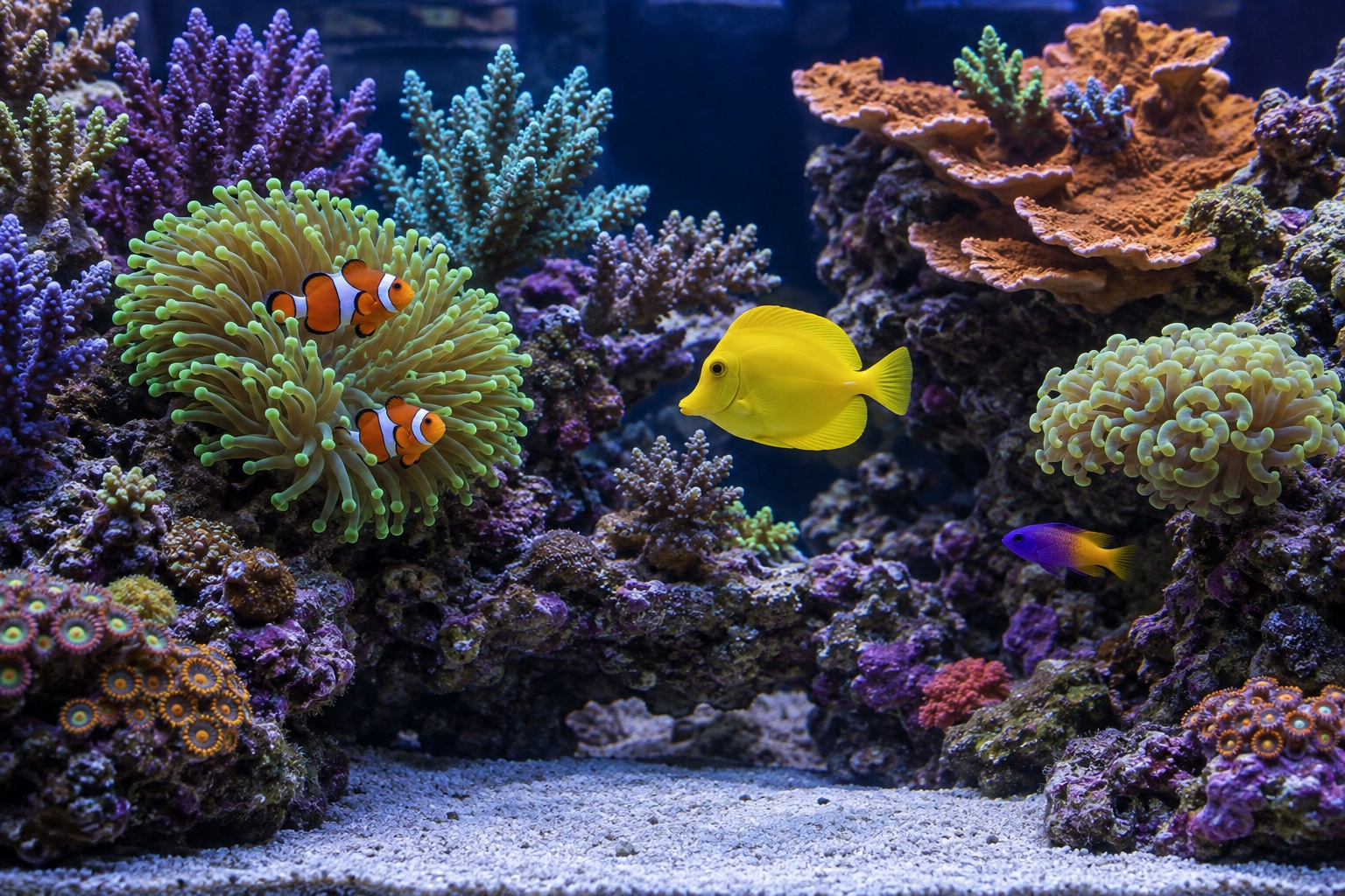 Clownfish, a yellow tang and a royal gramma among colorful corals in a reef aquarium