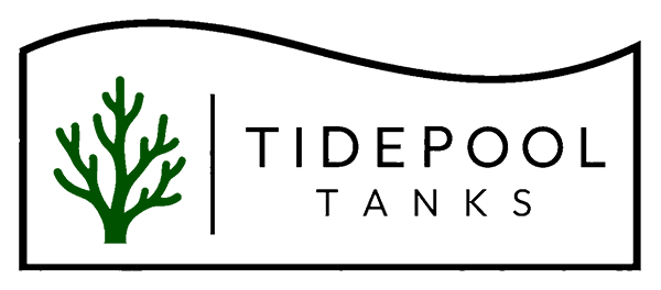 Tidepool Tanks logo with a minimalistic border and a wave-like top indicating water. There is a green coral to the left, right text saying "TIDEPOOL TANKS" to the right, seperated by a vertical bar.