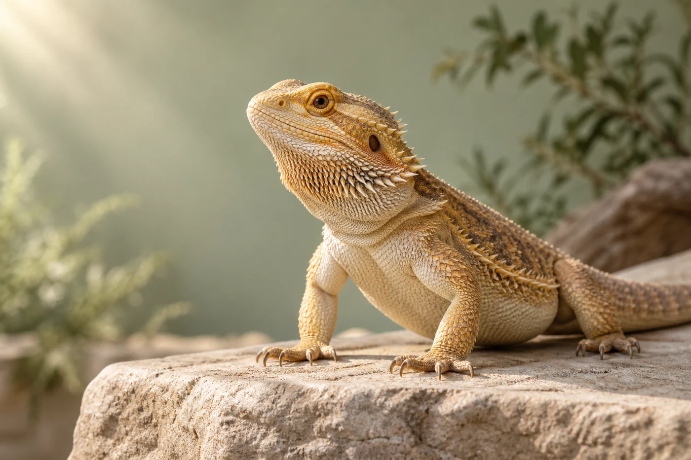 Bearded dragon resting on a branch beside leafy greenery