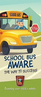 School bus safety brochure cover showing school bus with title School Bus Aware