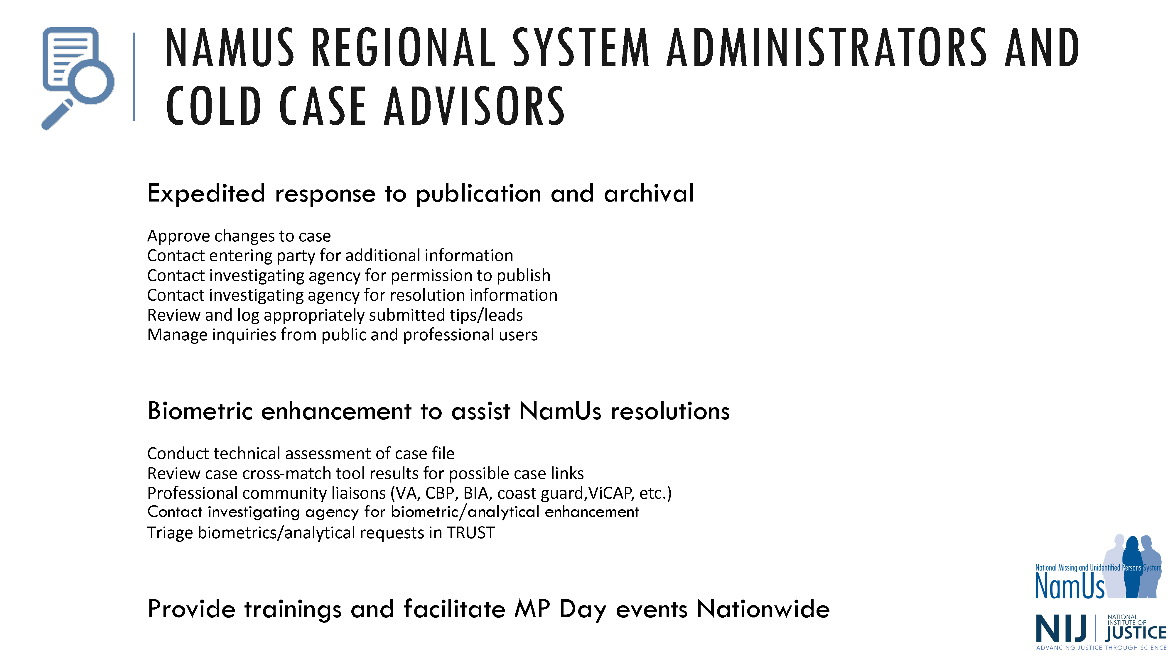 NamUs regional system administrators cold case advisors