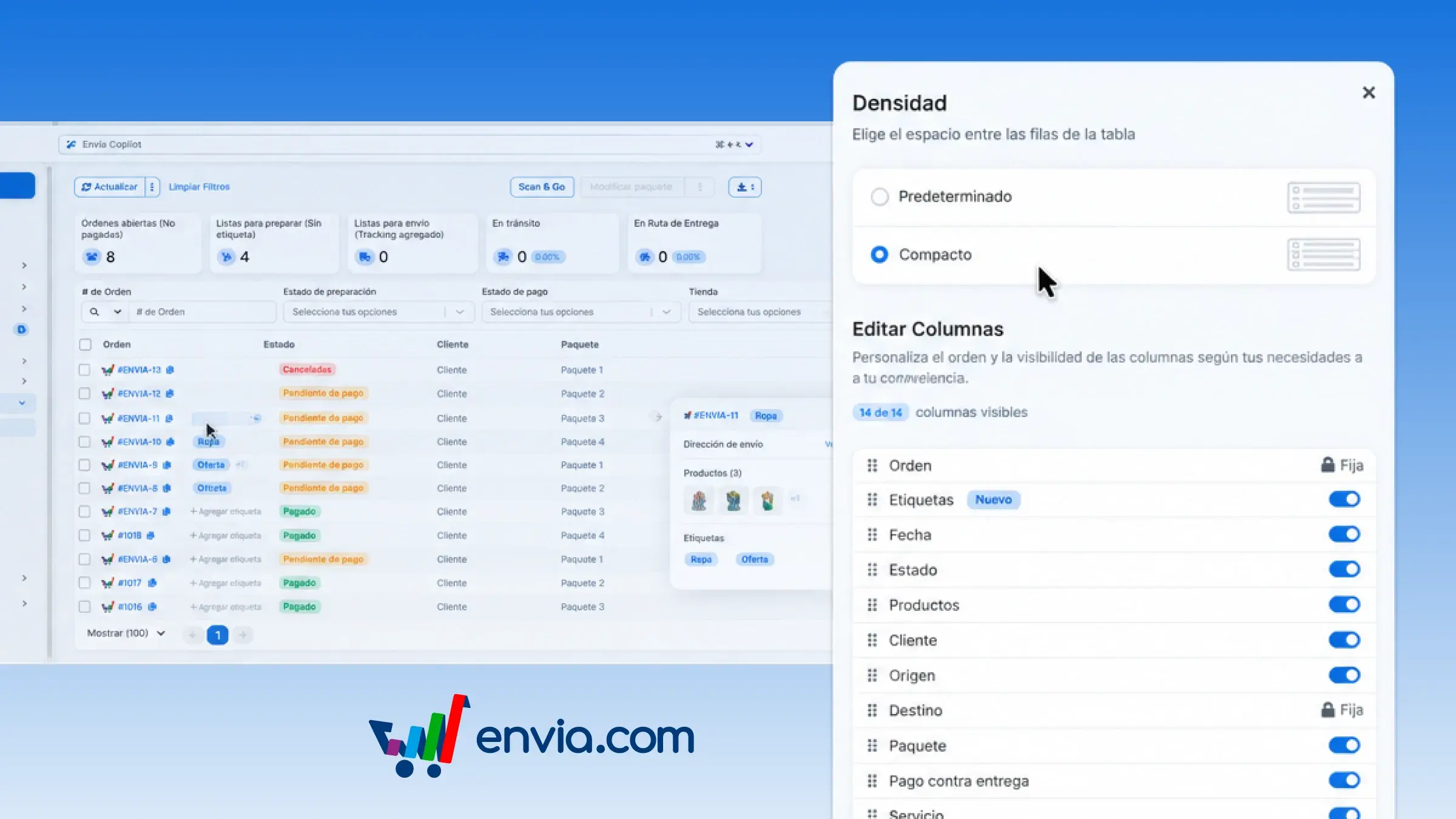 Choose compact or spacious rows in the Ecommerce orders table