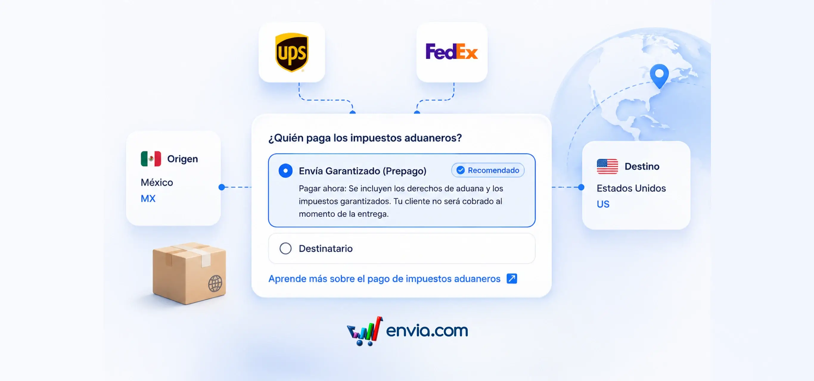 Use Envía Garantizado on international shipments with UPS and FedEx