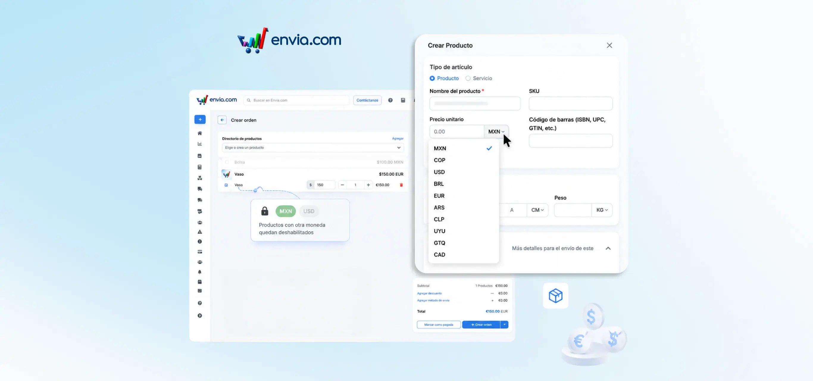 Set the order's currency by adding the first product