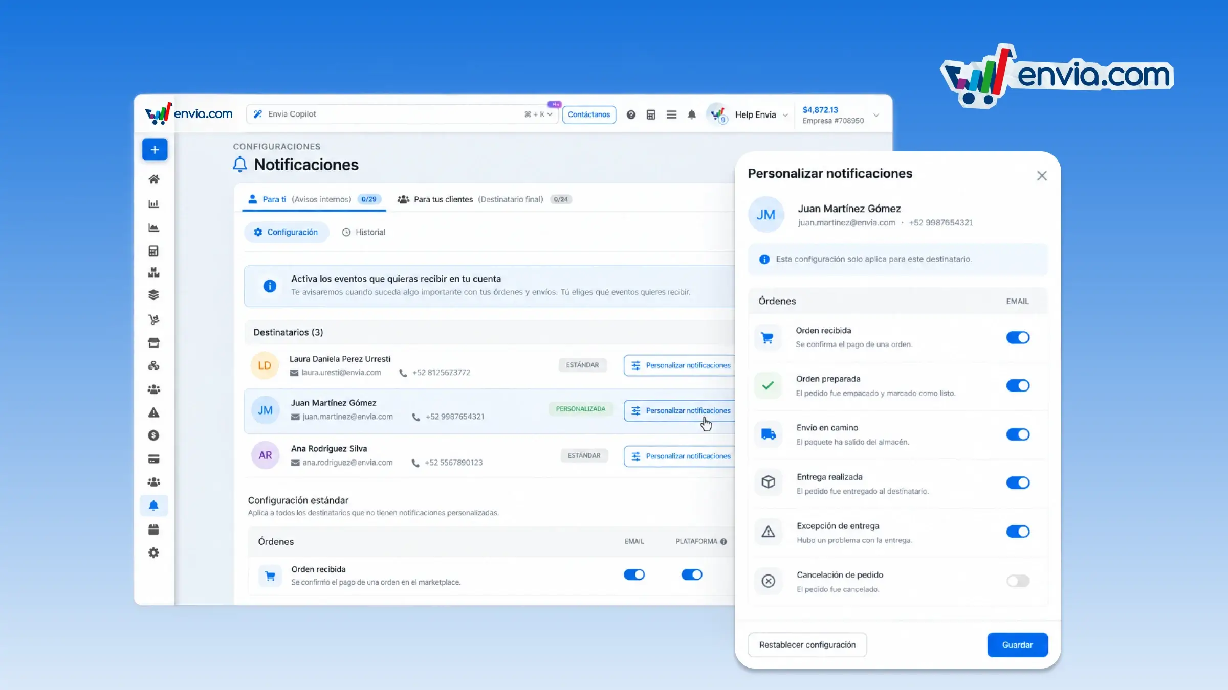 Choose which internal emails each person on your team receives for each event