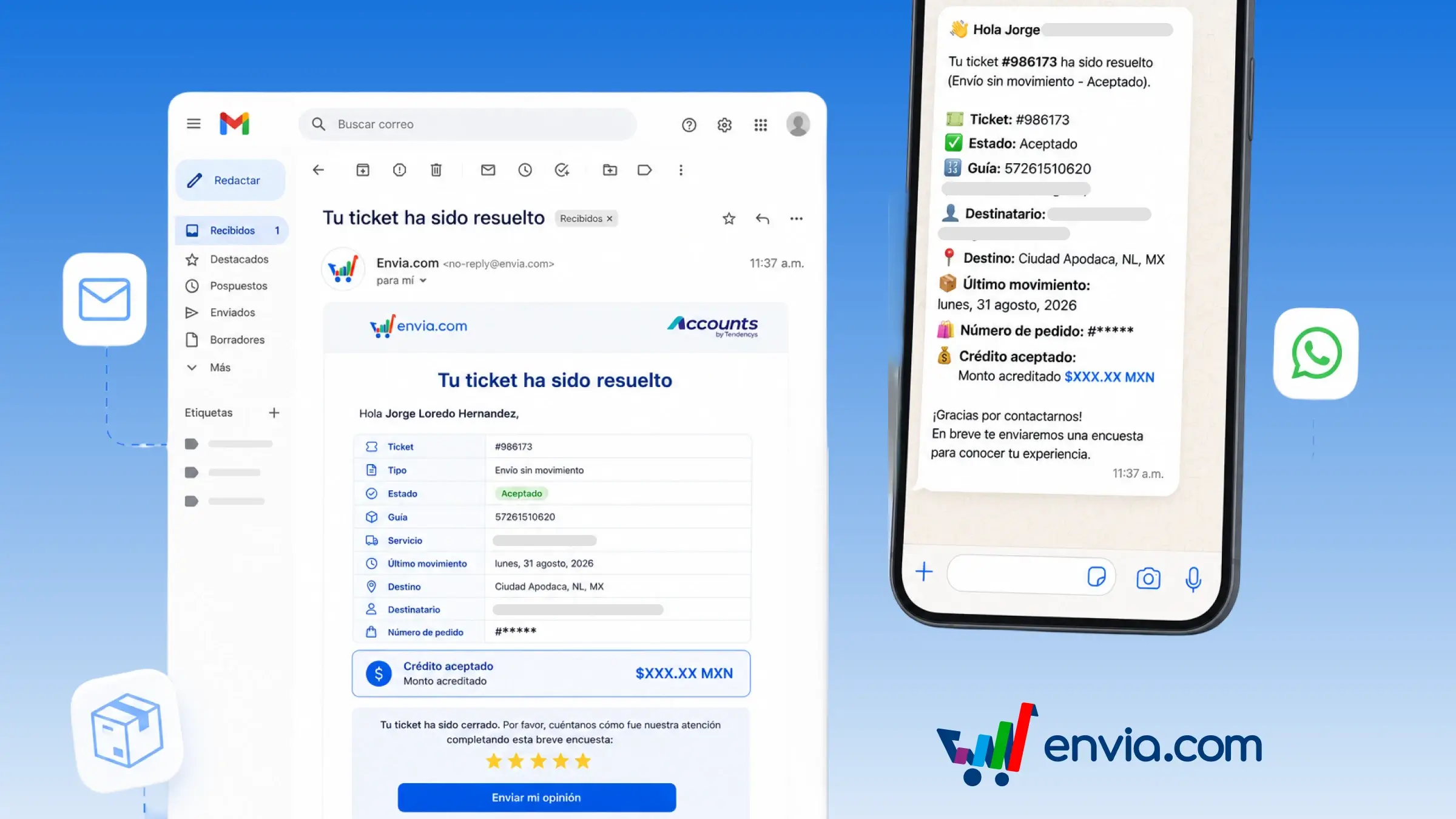 Ricevi in ogni notifica del ticket il numero di tracciamento, lo stato e la destinazione della spedizione