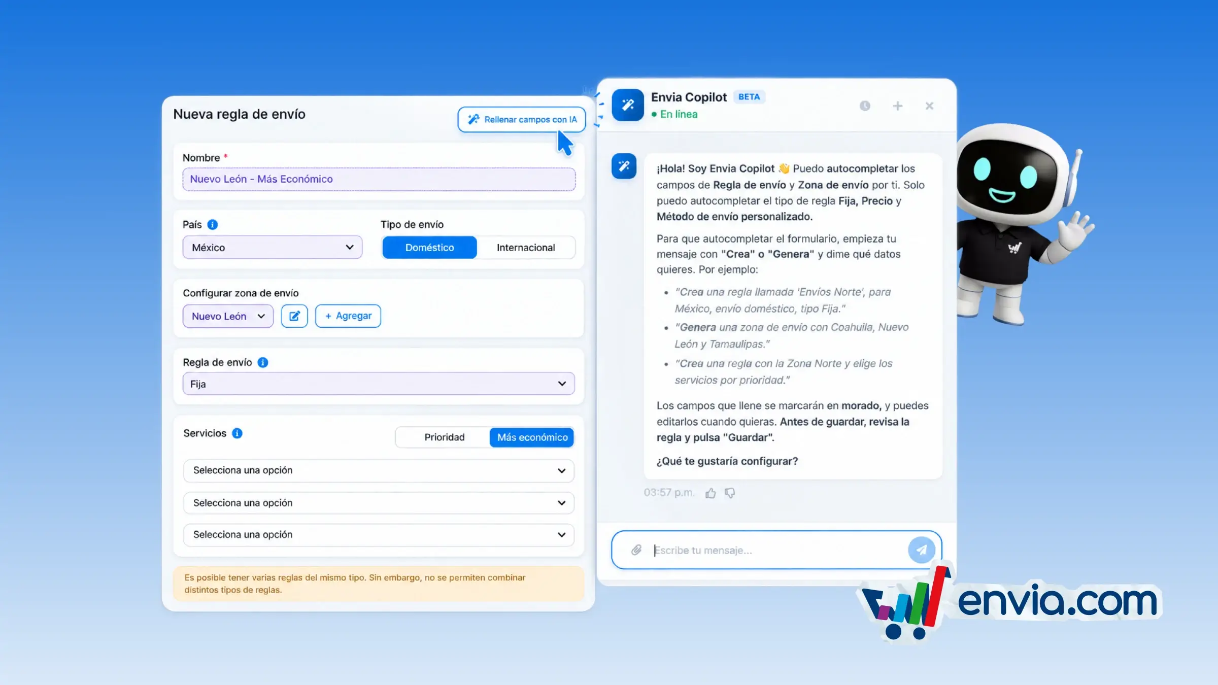 Describe tu regla de envío, Envia Copilot completa el formulario por ti