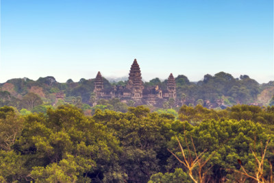 aerial view of angkor wat temple and the surrounding landscape