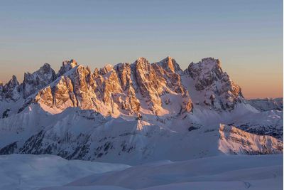 Sunset skiing, Dolomites Italy