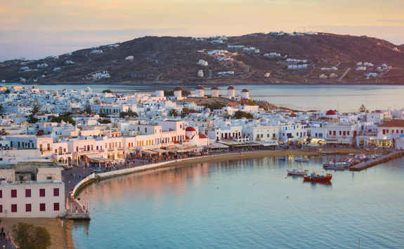 Mykonos harbour in the evening
