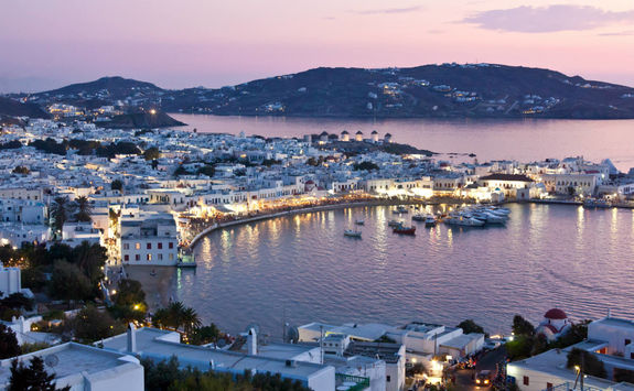 Mykonos harbour in the evening
