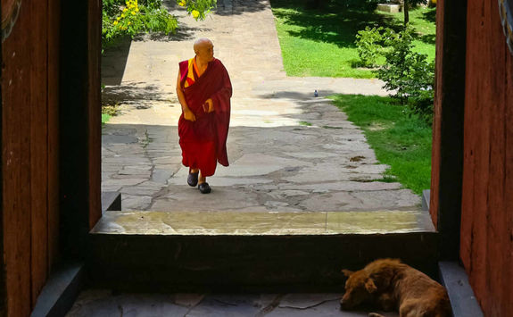 view of a monk through door