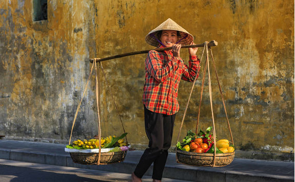 Vietnamese woman selling tropical fruits in old quarter