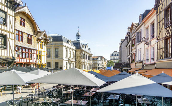 Half timbered medieval houses at market square in Troyes