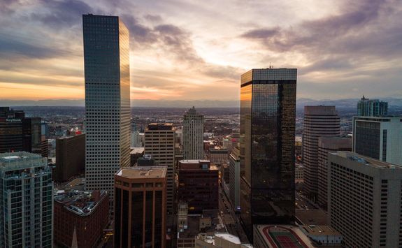 Aerial sunset on buildings