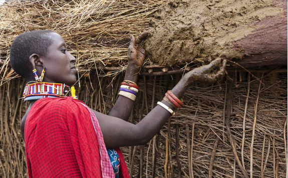 Masai woman buiding hut putting cows dung on roof