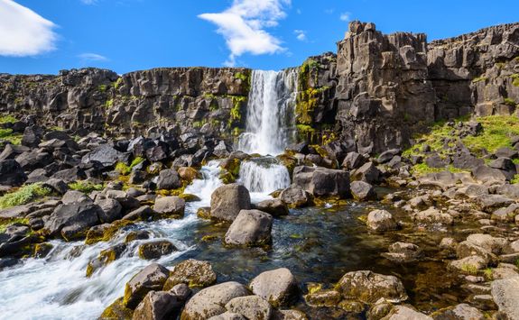 Waterfall nestled around rocks