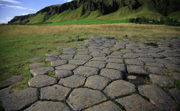 Low shot of the basalt columns at kirkjugolf