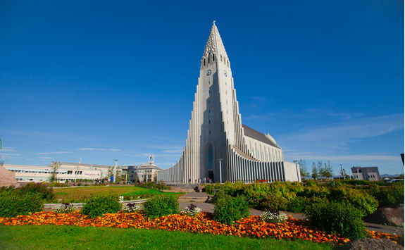 Aerial view of Reykjavik, harbor and skyline