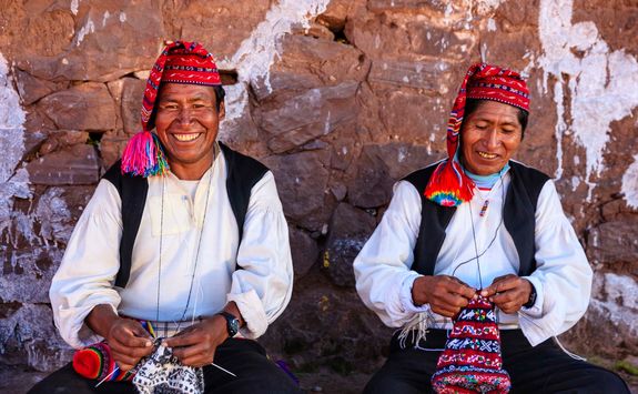 men knitting lake titicaca