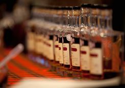 Whisky bottles on a tartan cloth