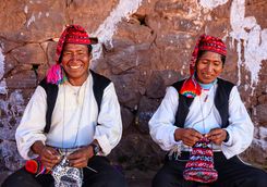 men knitting lake titicaca