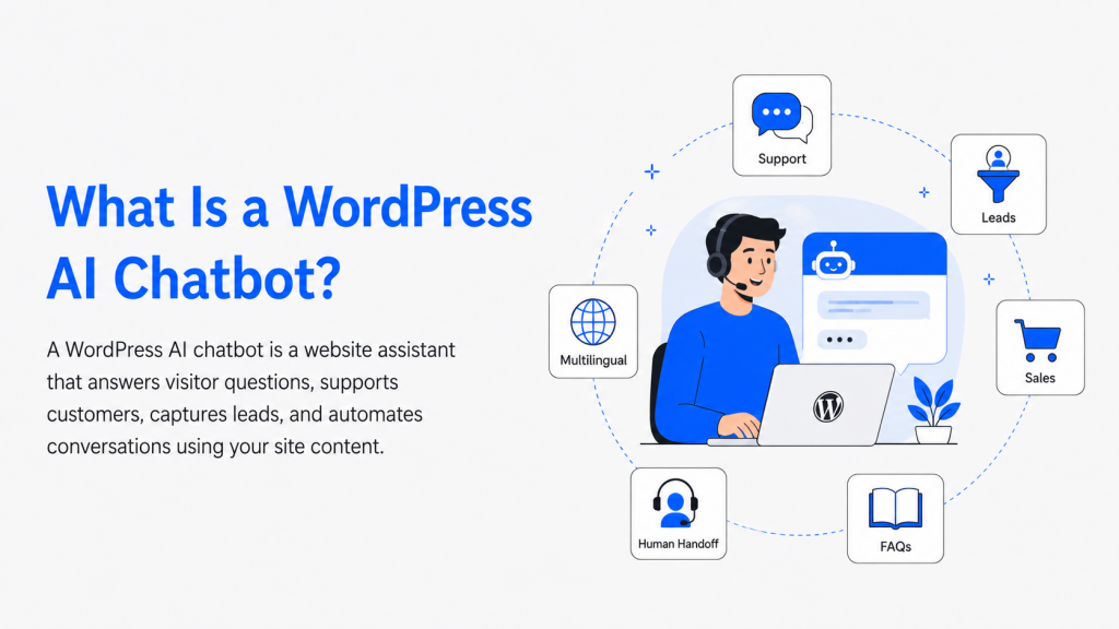 WordPress AI chatbot with support, lead capture, sales, multilingual replies, FAQs, and human handoff.