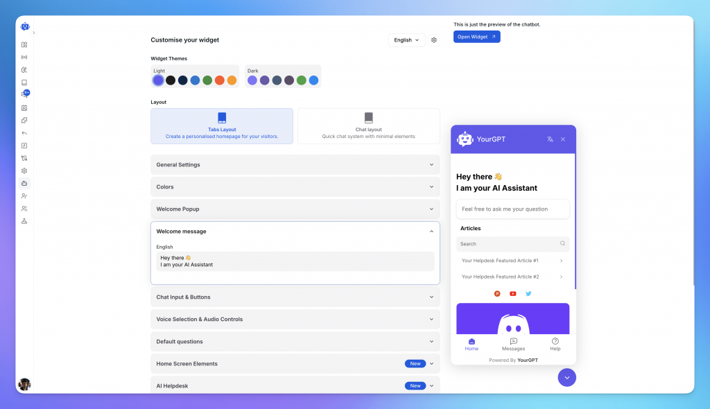 No-code customisation interface of YourGPT AI chatbot