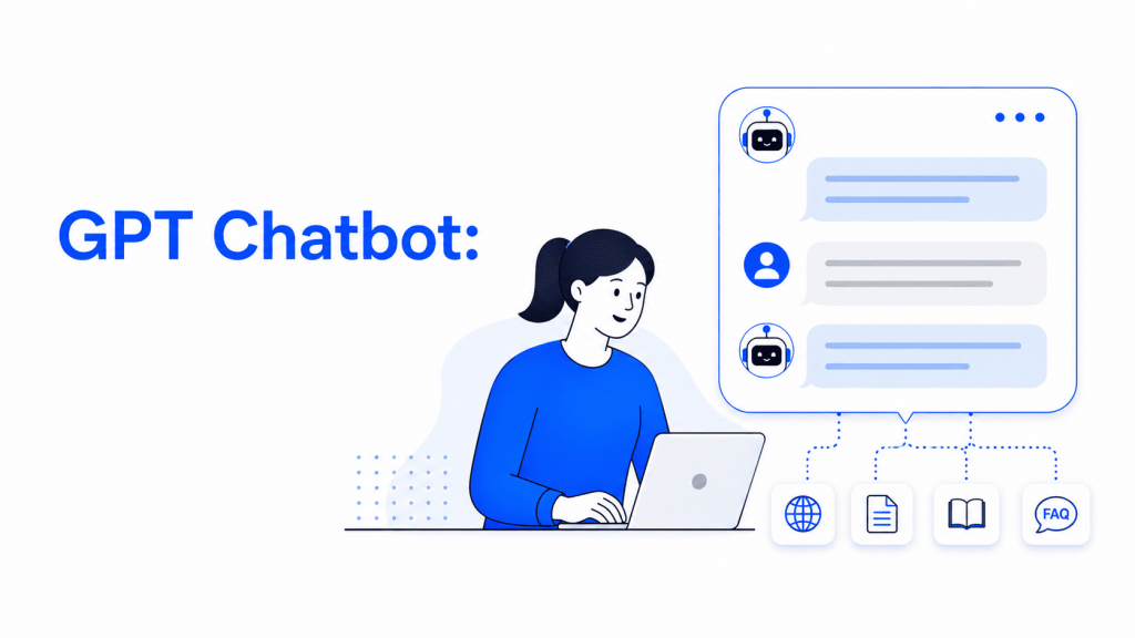 Illustration of a woman using a laptop beside a GPT chatbot interface connected to website, document, knowledge base, and FAQ sources.
