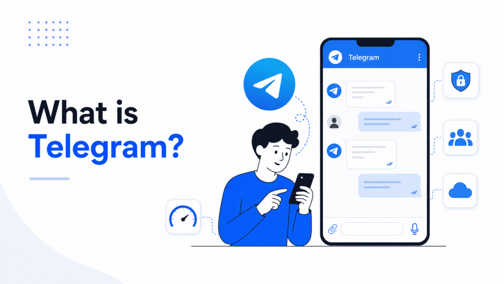 explaining Telegram with a user holding a phone beside a large chat interface, surrounded by icons for speed, security, groups, and cloud messaging.