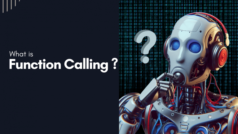 Humanoid robot thinking beside the text What is Function Calling on a dark binary code background
