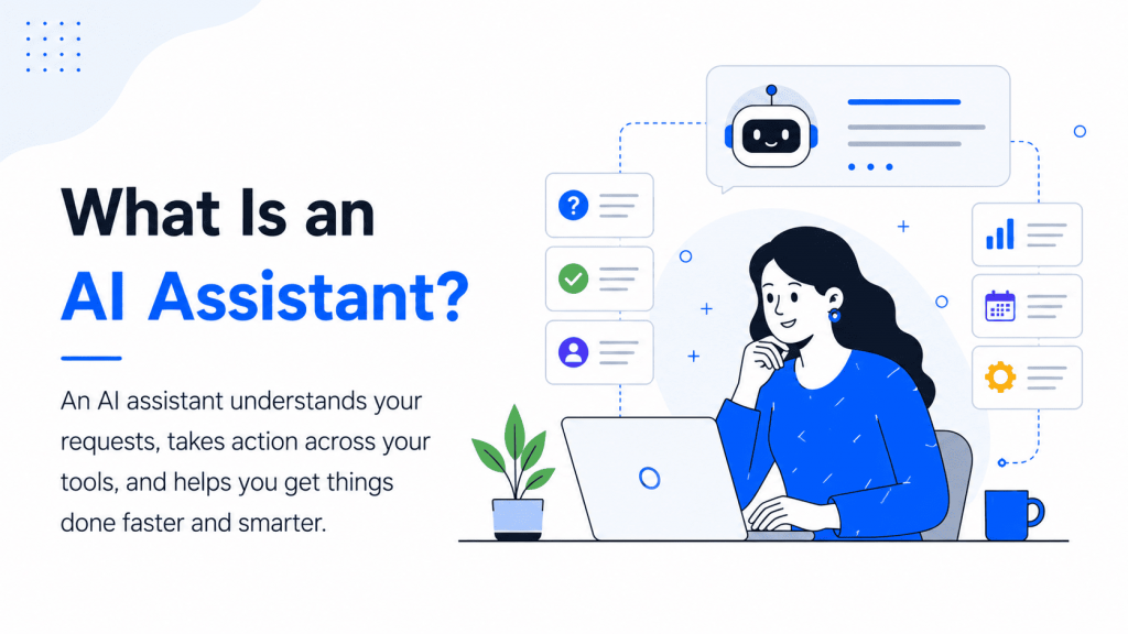 AI assistant helping a user manage tasks, answer questions, and automate workflows through a laptop with connected business tools and a chatbot interface.