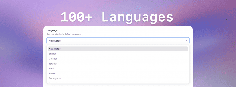YourGPT multilingual chatbot settings showing auto language detection and support for 100+ languages including English, Chinese, Spanish, Hindi, Arabic, and Portuguese.