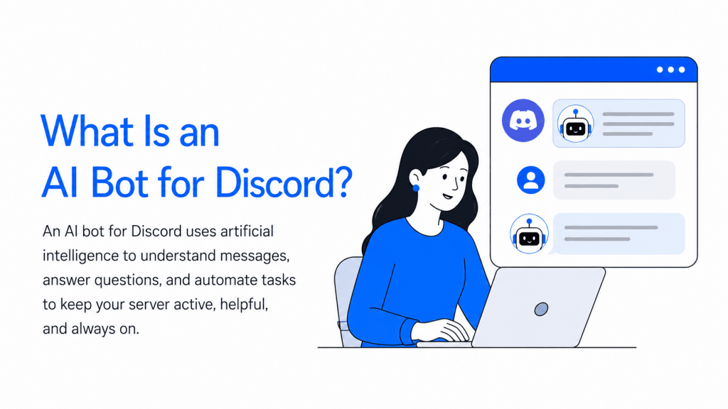 A woman using a laptop with an AI bot for Discord, showing automated chat responses and server assistance through a Discord conversation interface