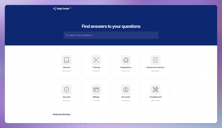 AI-powered customer help center interface with a knowledge base and search bar.