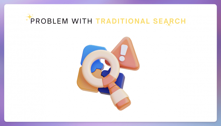 Illustration highlighting the problem with traditional search, showing a magnifying glass over files alongside a warning symbol.