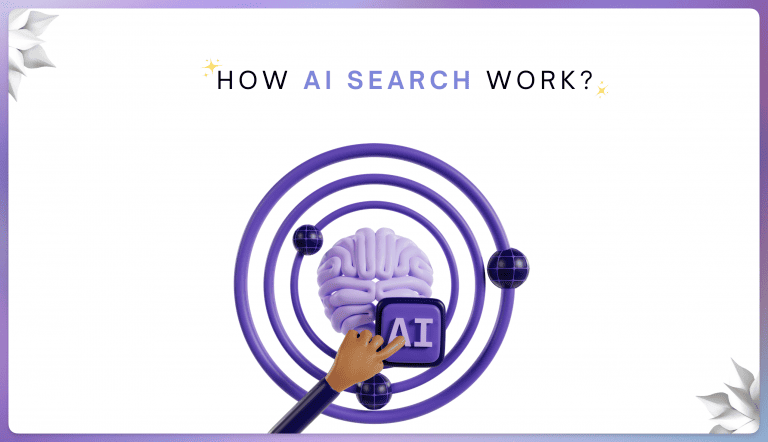 Illustration explaining how AI search works, showing an AI brain connected to multiple data points and a user interacting with the system.