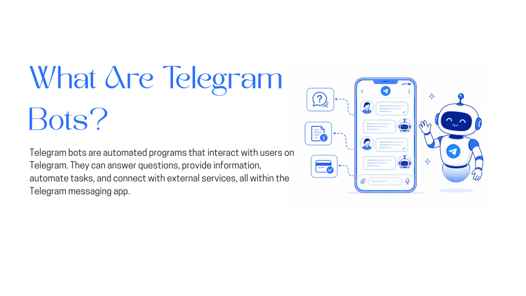 Telegram bots illustration showing an automated bot interacting with users through the Telegram messaging app.