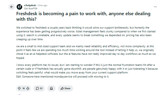 reddit post for Freshdesk alternatives1